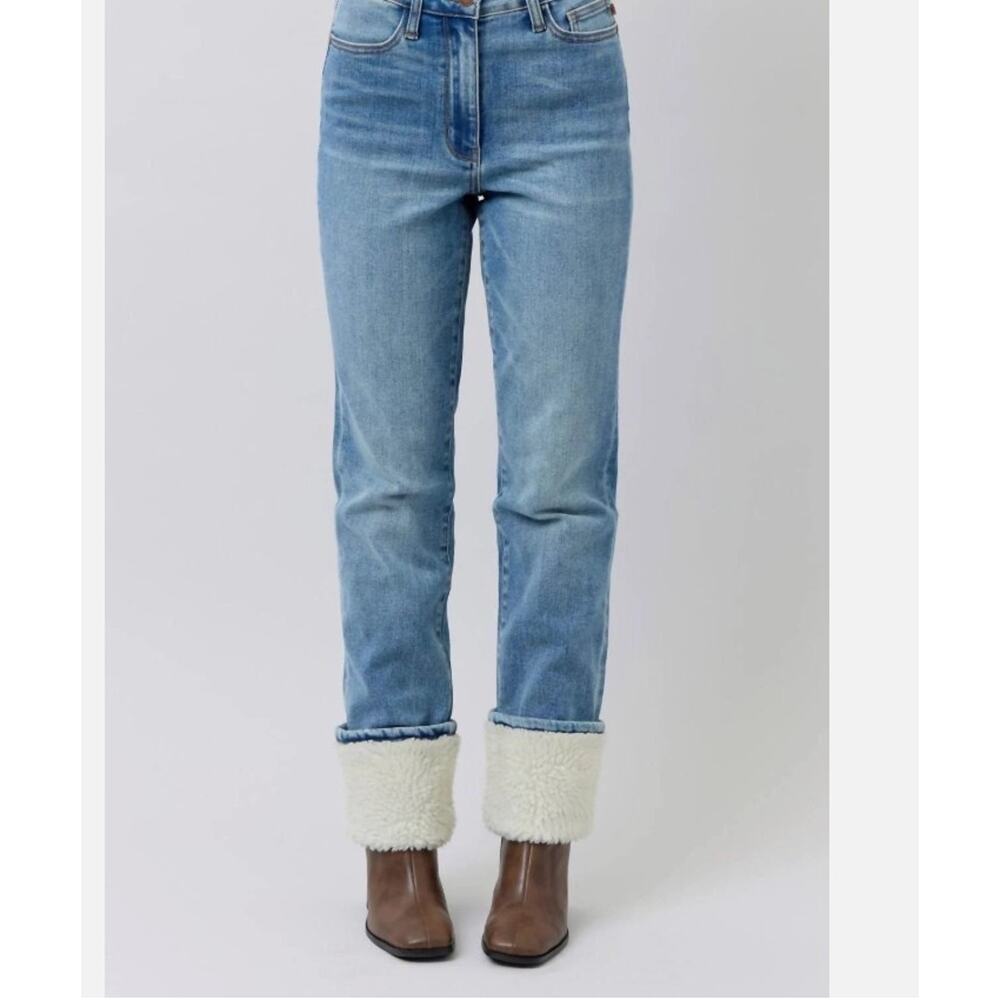 Judy Blue Jeans Womens 7/28 Blue Cotton Blend Stretch Shearling Cuffed Straight